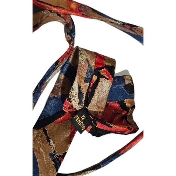 FENDI Men's 100% Silk Necktie LUXURY Tie Blue Beige Art W:3.6" EUC